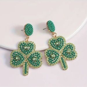 ☘️ St. Patrick's Day Green Seed Bead Rhinestone Clover Dangle Earrings